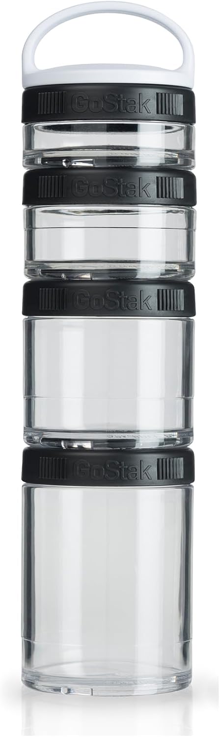 BlenderBottle GoStak Food Storage Containers for Protein Powder, Healthy Snacks, and Portion Control, 4-Piece Starter Pak, Black