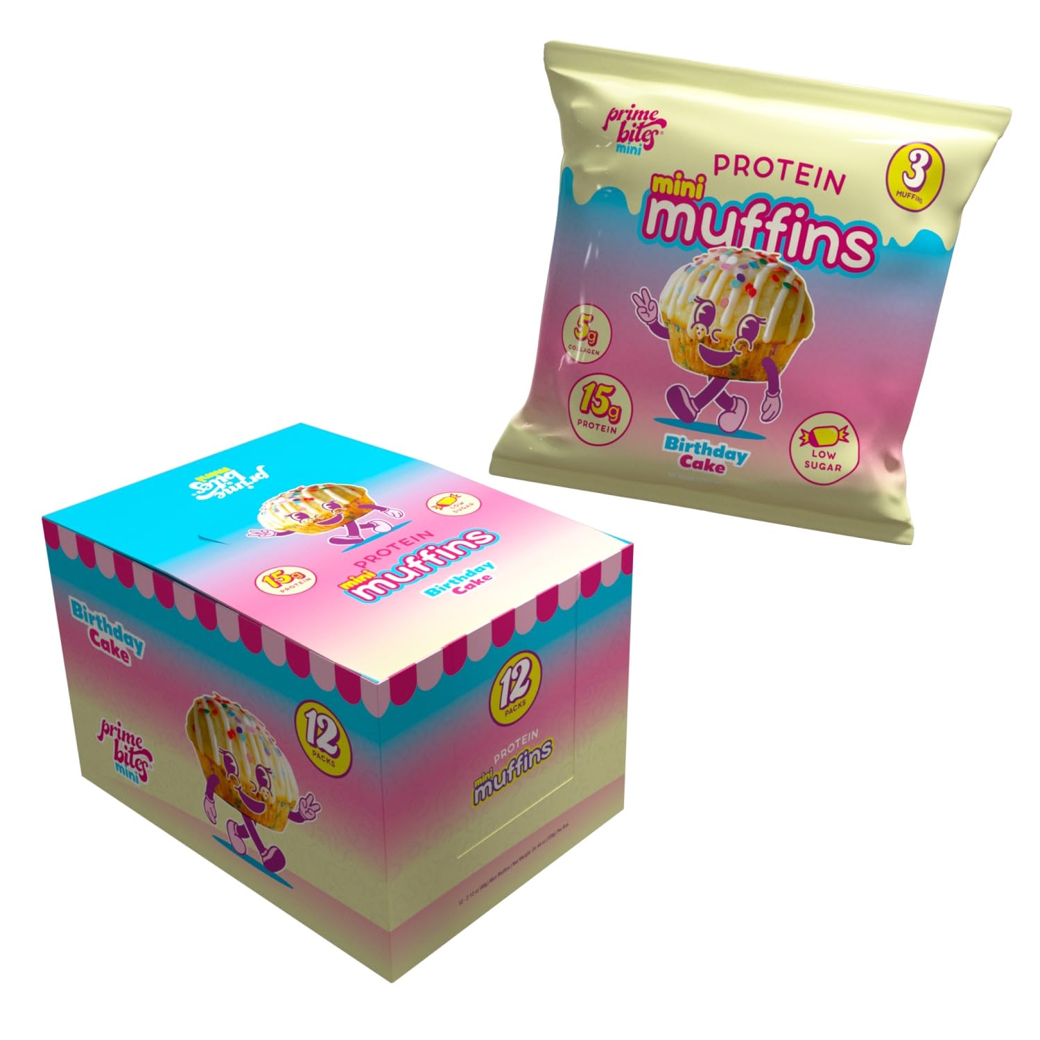 Prime Bites Minis | Protein Mini Muffins from Alpha Prime Supplements | High Protein, Collagen Fortified Low Sugar Treat | Delicious Snack | 12 Packs per Box - Birthday Cake