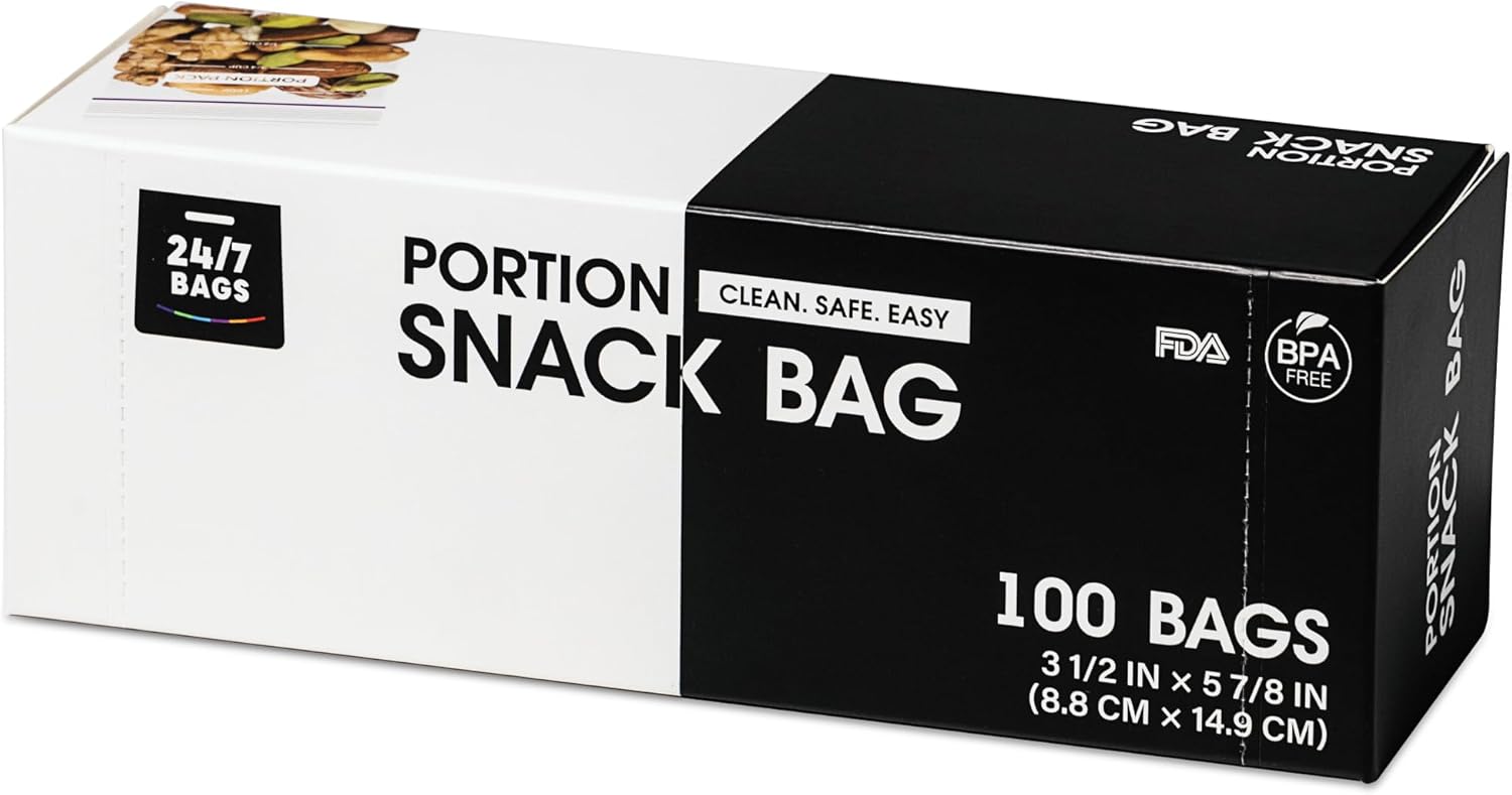 24/7 Bags- Portion Control Storage Bags, 100 Count, Resealable, Easy Macros, 1 Full Cup with Measurement Lines, BPA-Free, Nuts, Sweets, Supplements & More