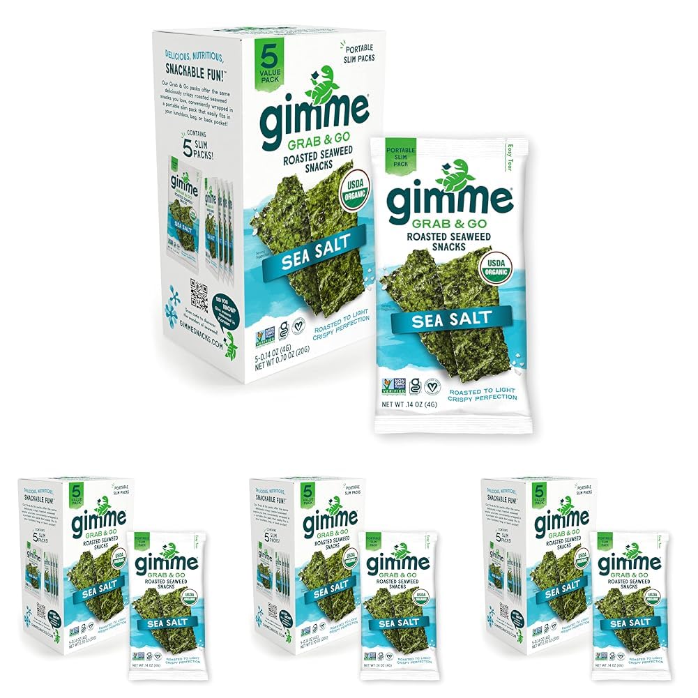 Gimme Seaweed Grab & Go - Sea Salt - 5 Count - Organic Roasted Seaweed Sheets - Keto Vegan Gluten Free - Great Source of Iodine & Omega 3’s - Healthy On-The-Go Snack for Kids Adults (Pack of 4)