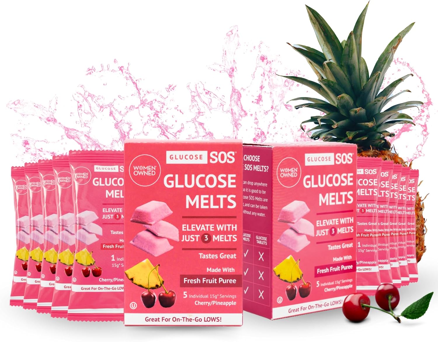 Glucose SOS Melts Made with Dextrose Powder Natural Fruit Puree Sugar, Glucose Tabs, Sports Supplement, Fast Acting Tablets with 10 Individual 15g Servings of Cherry/Pineapple
