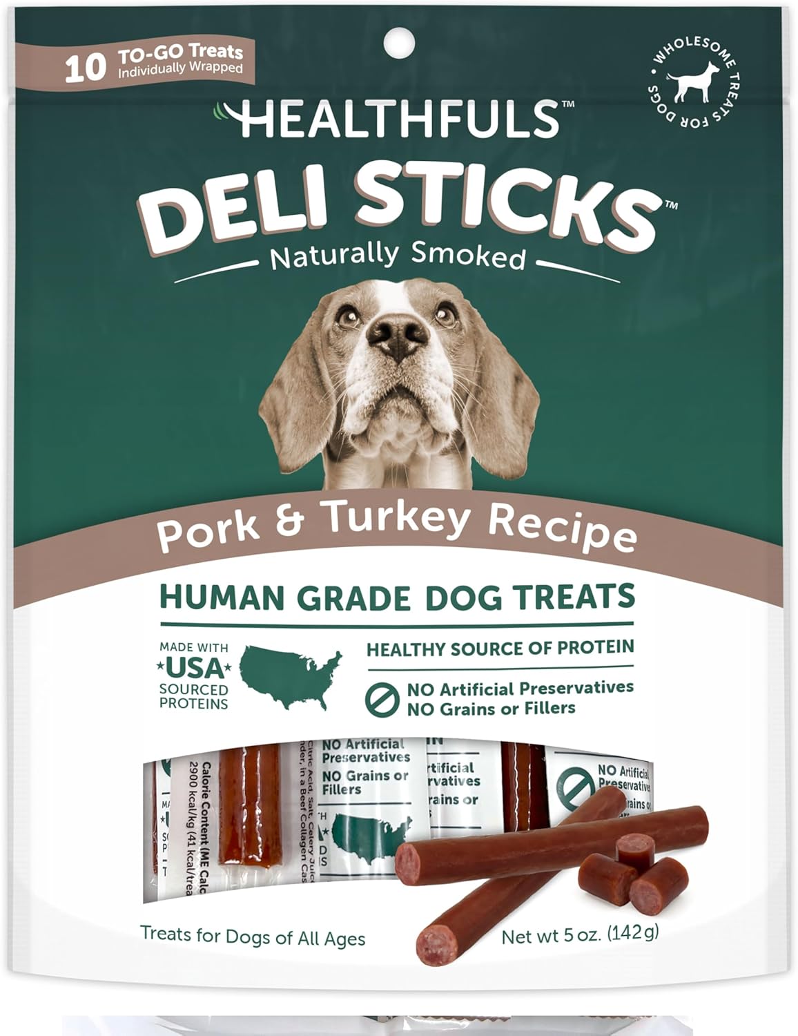 Deli Sticks Pork and Turkey Human-Grade Gluten-Free Soft and Chewy Dog Treats, 10 Count Bag