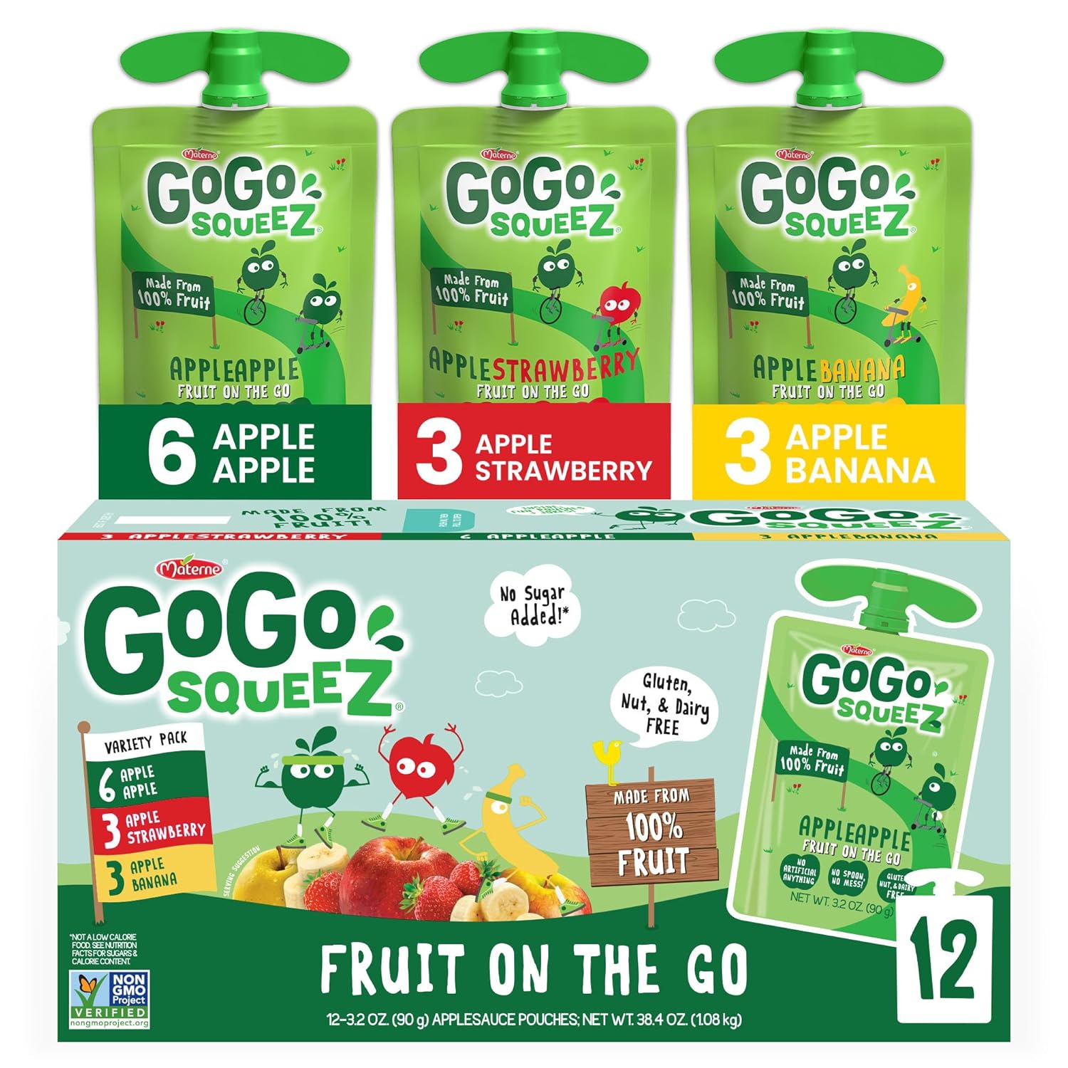 GoGo squeeZ Applesauce and Fruit Puree Variety Pack, Apple, Banana & Strawberry, 3.2 oz (Pack of 12), Unsweetened Fruit Snacks for Kids, Gluten Free, Nut Free and Dairy Free, BPA Free Pouches