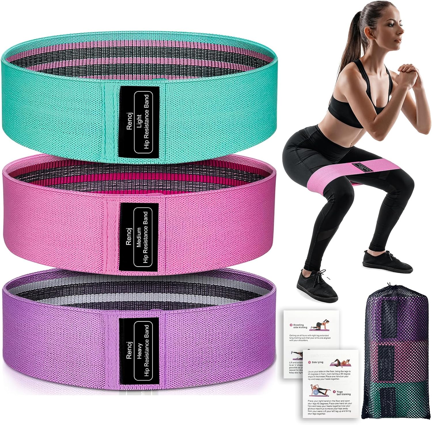 Renoj Resistance Bands, Yoga Starter Sets for Women and Men, 3 Set of Stretch Exercise Workout Bands for Booty Legs, Elastic Pilates Flexbands