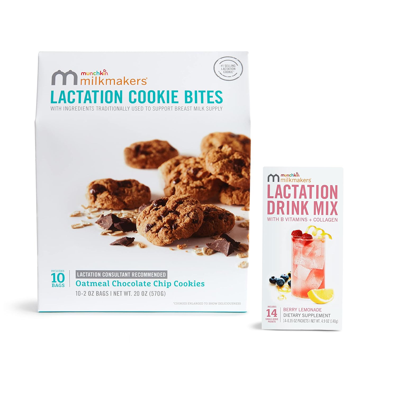 Munchkin® Milkmakers® 10pk Lactation Cookie Bites, Oatmeal Chocolate Chip and 14pk Lactation Drink Mix Supplement, Berry Lemonade