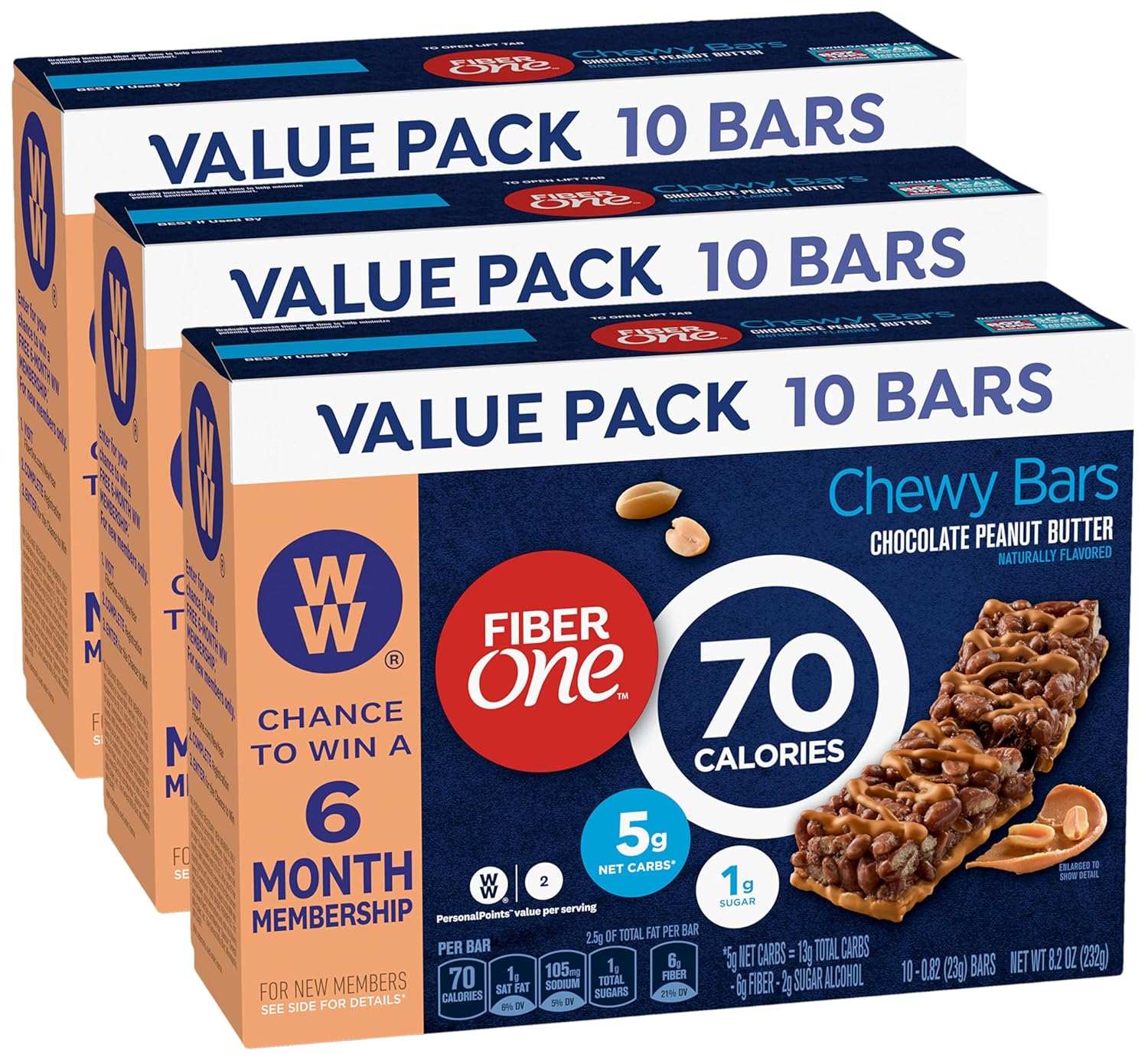 Fiber One 70 Calorie Chocolate Peanut Butter Bars, Snack, 10ct (Pack of 3)