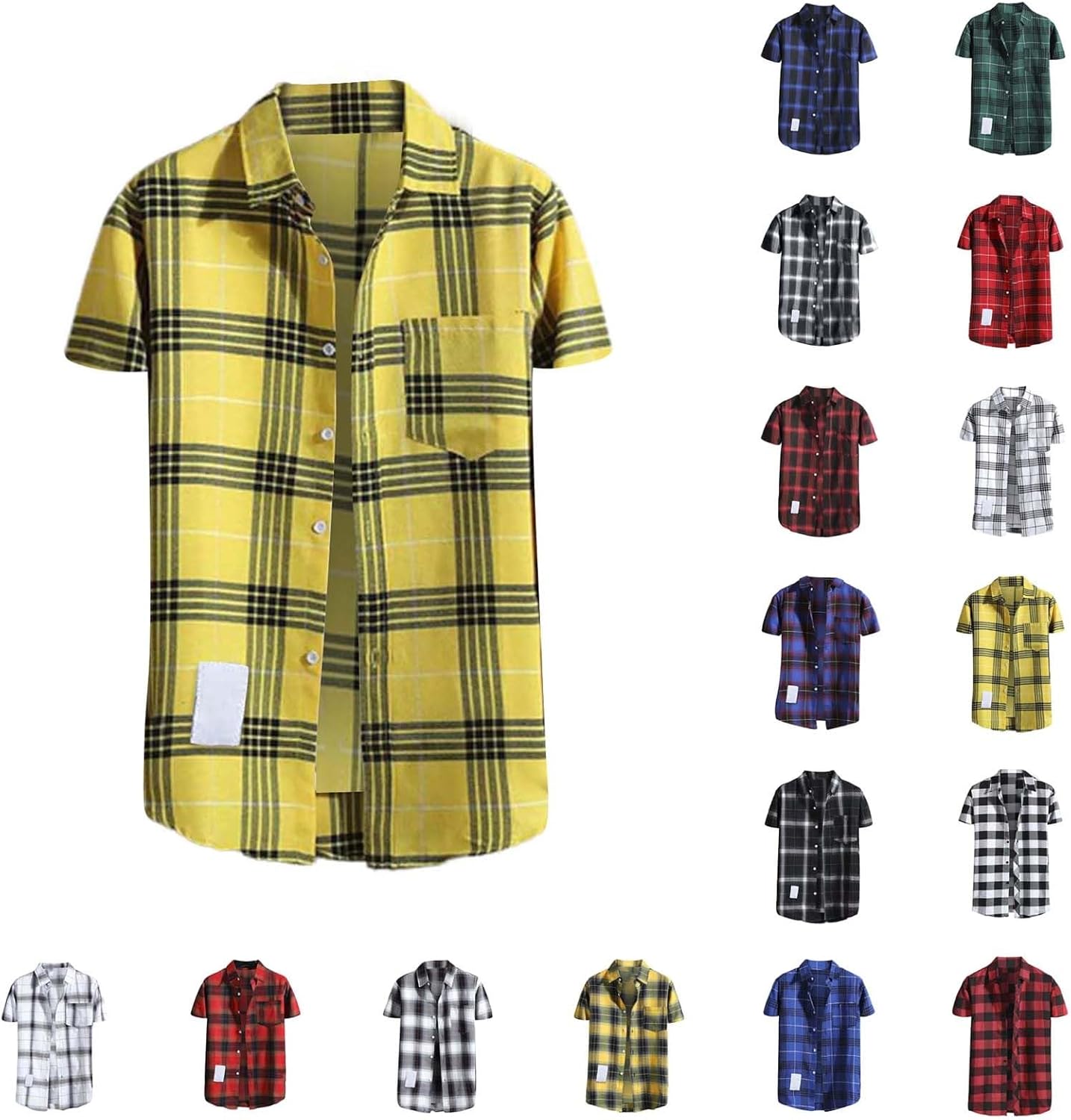 Mens Short Sleeve Button Down Shirts Cotton Plaid Regular Fit Men\'s Casual Button-Down Shirts with Pocket