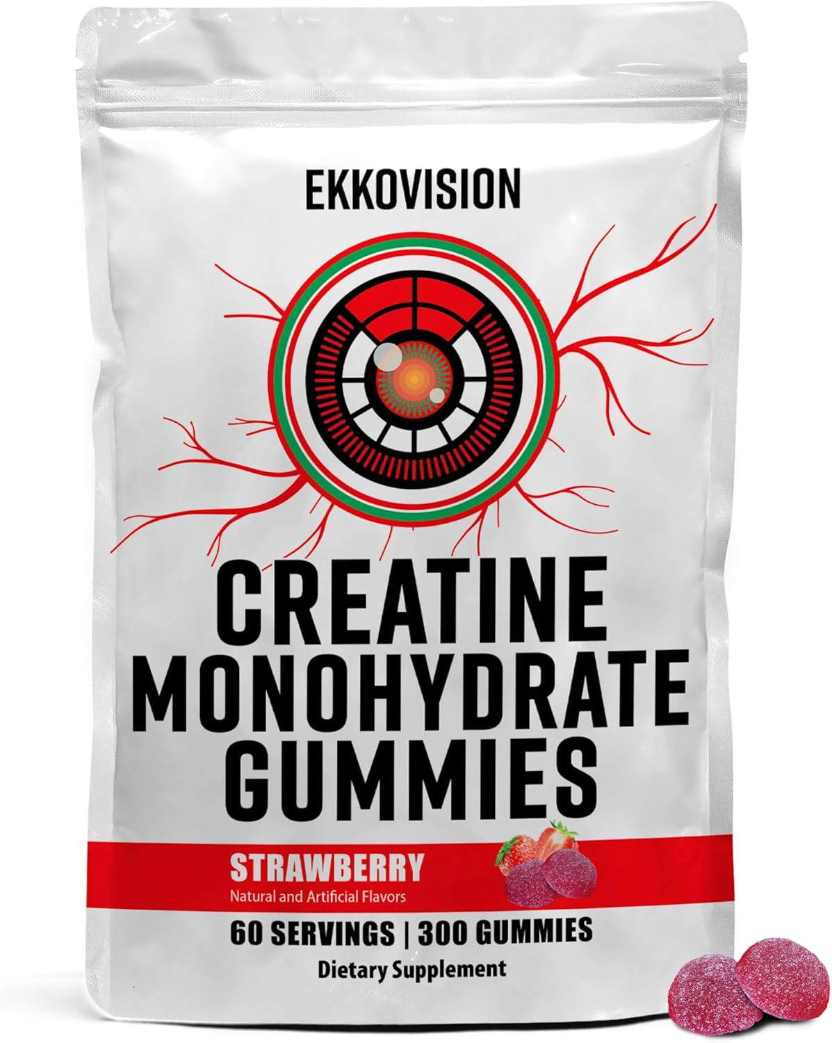 Creatine Monohydrate Gummies 5g (5000mg), Strawberry, 60 Servings, Ekko Creatine Gummies for Men and Women, Pre or Post Workout Chewable Gummy Supplement, Energy & Muscle Strength Support