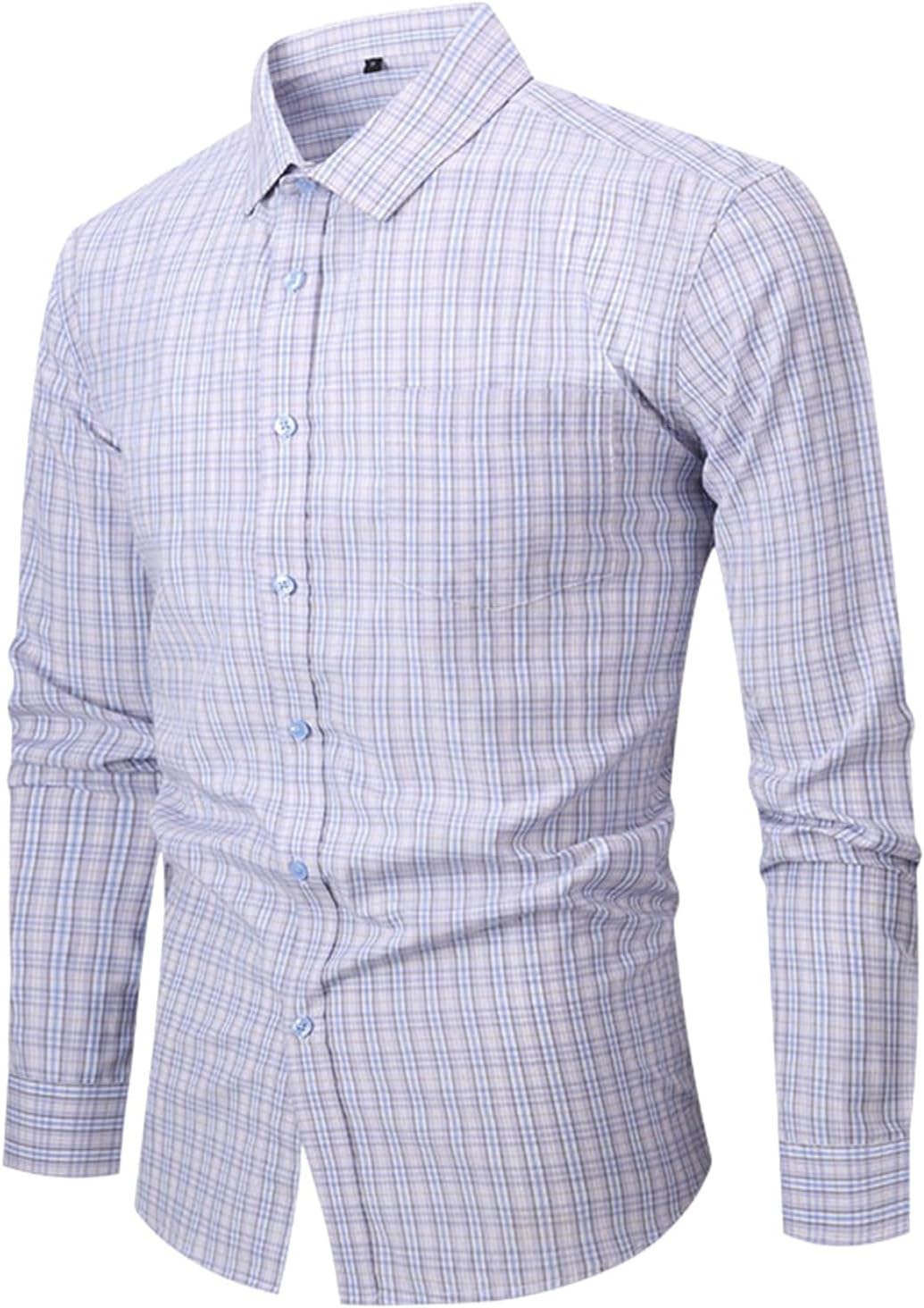 Mens Slim Fit Dress Shirt Wrinkle Free Long Sleeve Shirts for Men Plaid Button Down Shirt Mens Casual Cotton Button Up Pocket Shirt Slim Fit White #2 Large