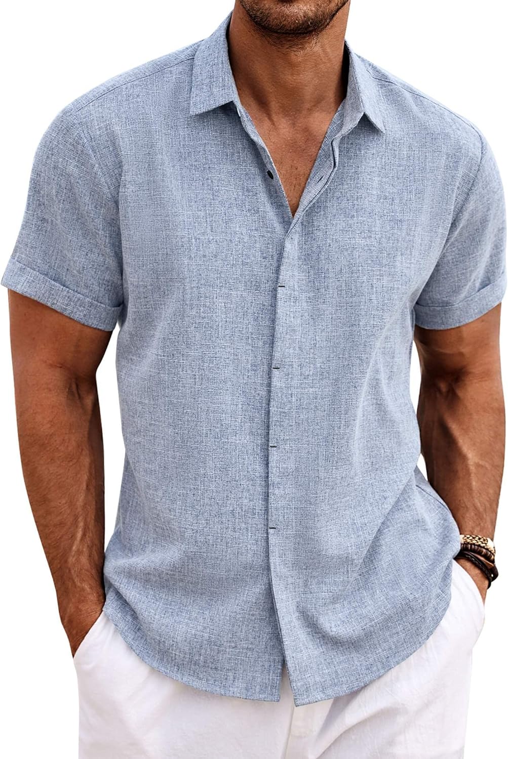 COOFANDY Men\'s Linen Shirts Short Sleeve Casual Shirts Button Down Shirt for Men Beach Summer Wedding Shirt